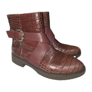 FITFLOP HELMI Sz 7.5 Faux Red Leather Snake/Alligator Side Zipper Ankle Boots